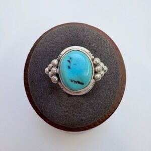 Turquoise Bezel Set Beaded Design Shoulders Ring Sterling Silver 925 Size 6.75